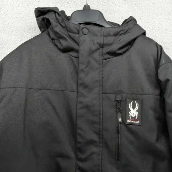 Spyder Coat Mens Medium Black Parka Hooded Waterproof‎ Fleece Lined HydroWeb